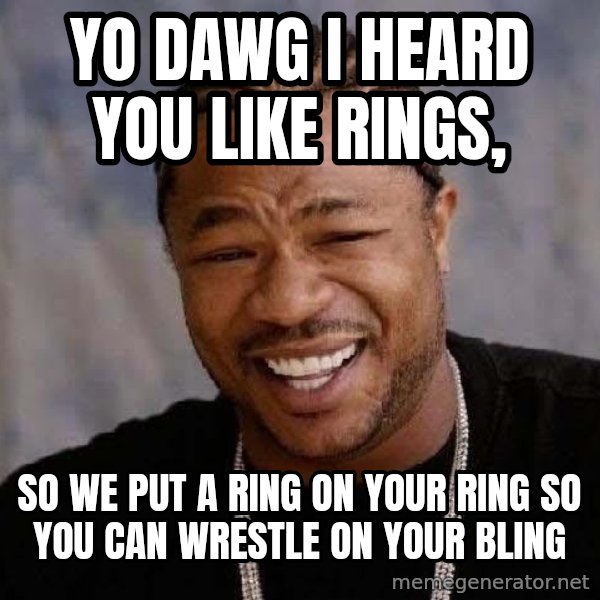 Yo Dawg meme: Yo dawg i heard you like rings, / so we put a ring on your ring so you can wrestle on your bling