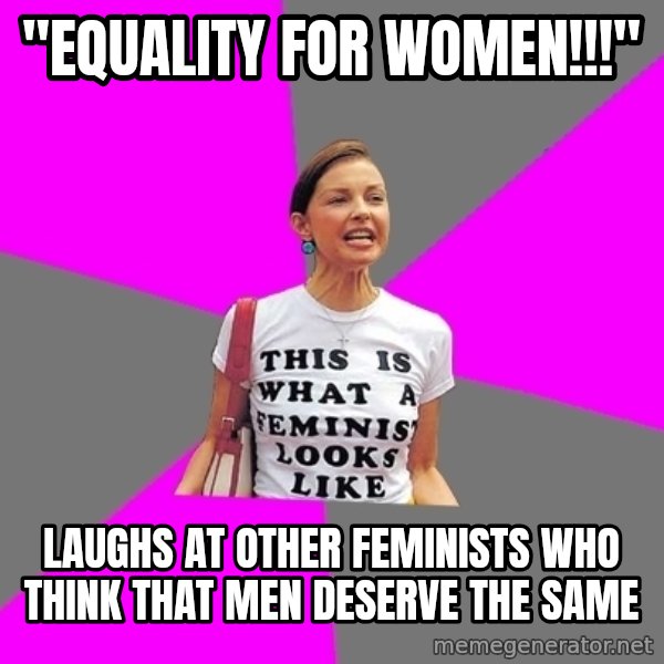 Feminist Cunt meme: "Equality for women!!!" / laughs at other feminists who think that men deserve the same