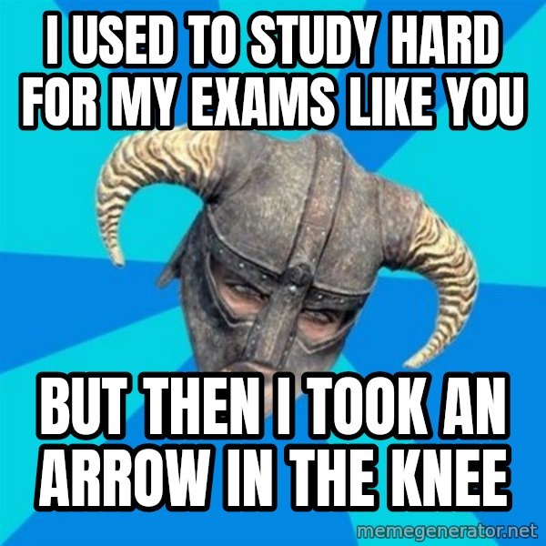 skyrim stan meme: i used to study hard for my exams like you / but then i took an arrow in the knee