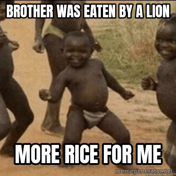Third World Success meme: brother was eaten by a lion / more rice for me