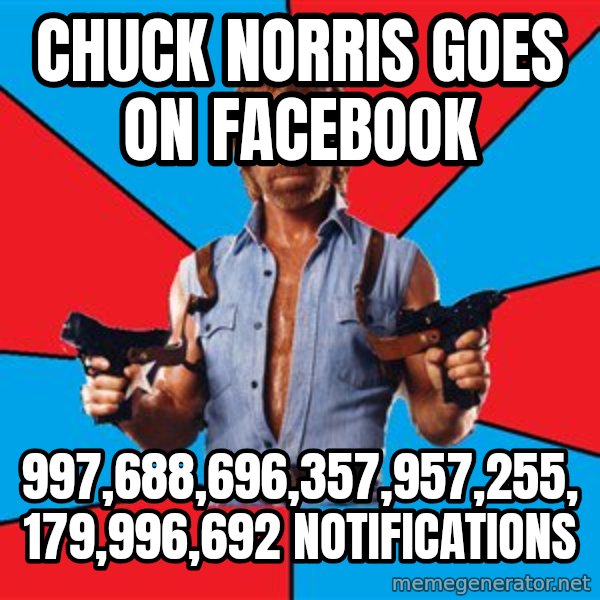 Chuck Norris  meme: Chuck Norris Goes on Facebook / 997,688,696,357,957,255,179,996,692 notifications