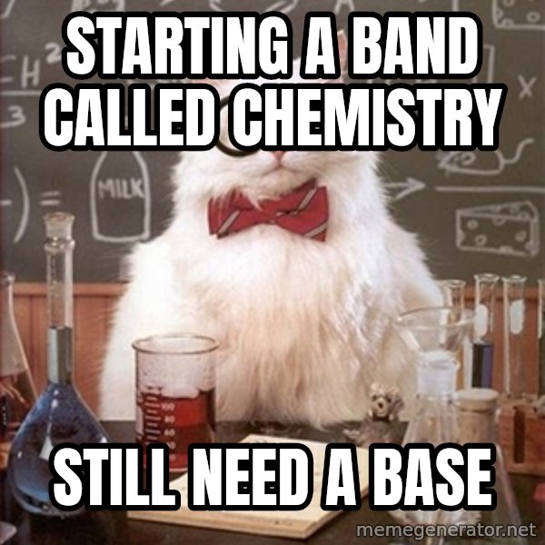 Science Cat meme: starting a band called chemistry / still need a base