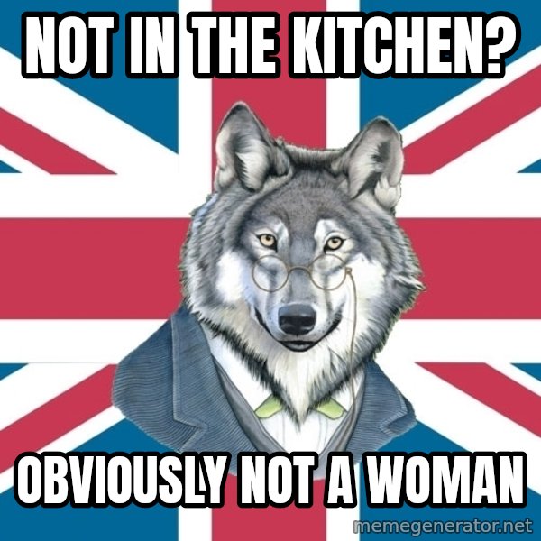 Sir Courage Wolf Esquire meme: not in the kitchen? / obviously not a woman