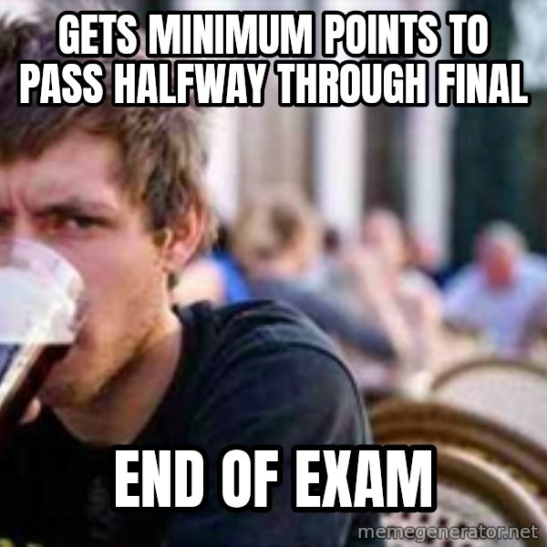 The Lazy College Senior meme: Gets minimum points to pass halfway through final / end of exam