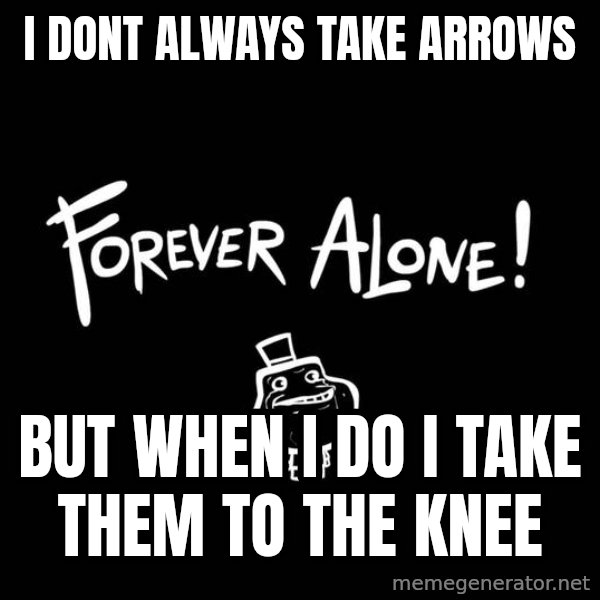 The Most Interesting Man In The World meme: I DONT ALWAYS TAKE ARROWS / BUT WHEN I DO I TAKE THEM TO THE KNEE