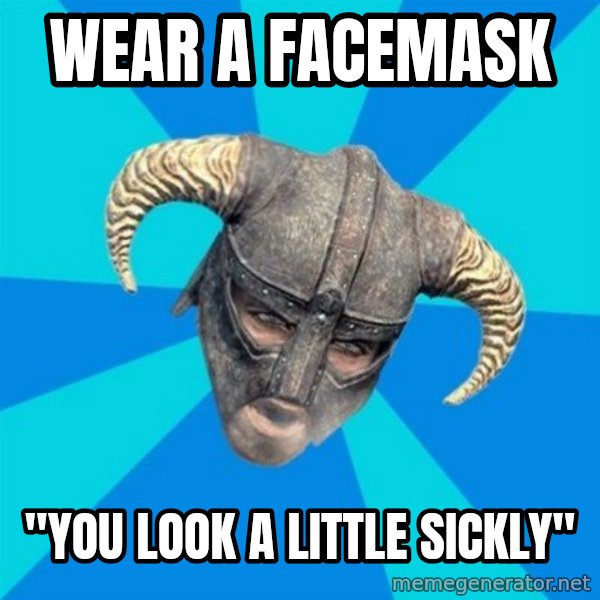 skyrim stan meme: Wear a facemask / "you look a little sickly"