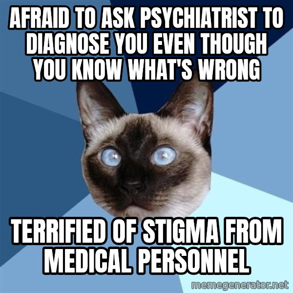 Chronic Illness Cat meme: Afraid to ask psychiatrist to diagnose you even though you know what's wrong / terrified of stigma from medical personnel