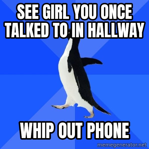 Socially Awkward Penguin meme: see girl you once talked to in hallway / whip out phone
