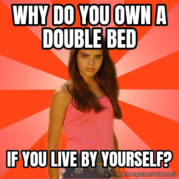 Jealous Girl meme: Why do you own a double bed / if you live by yourself?