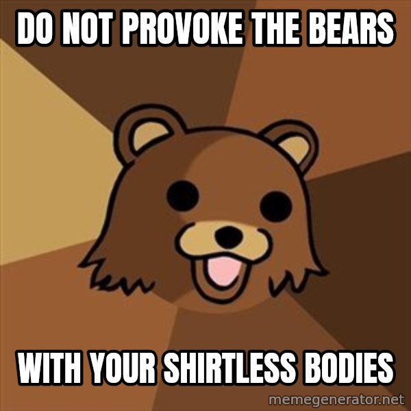 Pedobear meme: DO NOT PROVOKE THE BEARS / WITH YOUR SHIRTLESS BODIES