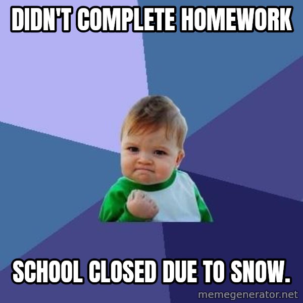 Success Kid meme: DIDN'T COMPLETE HOMEWORK / SCHOOL CLOSED DUE TO SNOW.