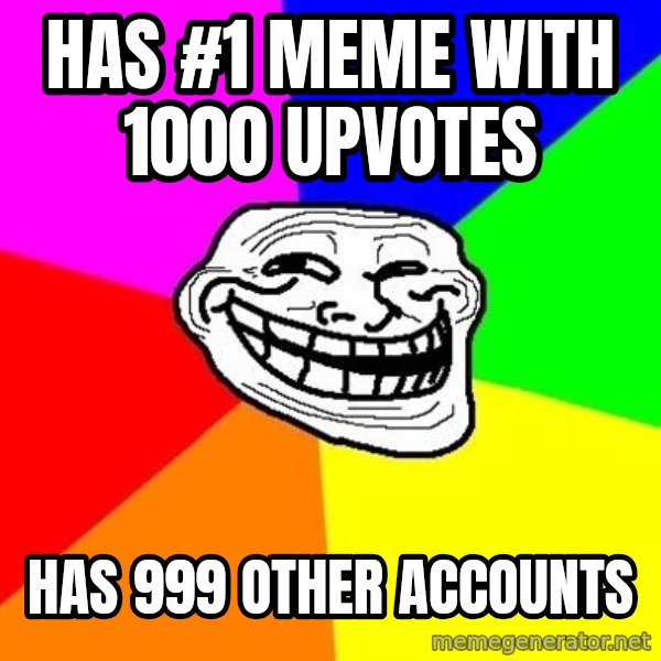 Trollface meme: Has #1 meme with 1000 upvotes / has 999 other accounts