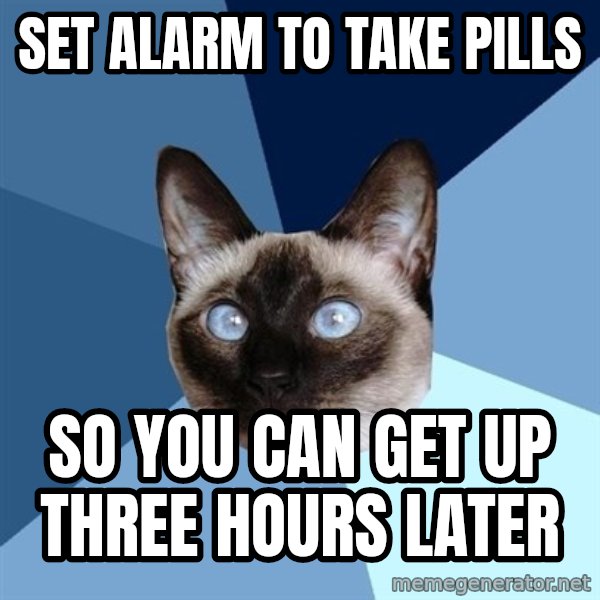Chronic Illness Cat meme: Set alarm To take pills / So you can get up three hours later