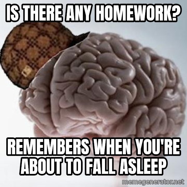 Scumbag Brain meme: Is there Any Homework? / Remembers when you're about to fall asleep