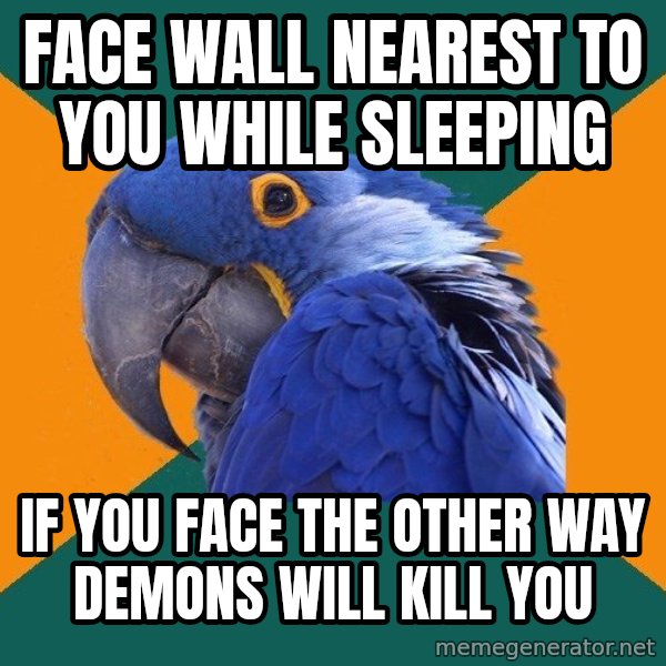 Paranoid Parrot meme: Face wall nearest to you while sleeping / if you face the other way demons will kill you