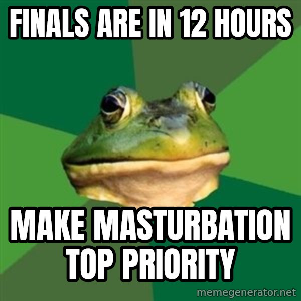 Foul Bachelor Frog meme: FInals are in 12 hours / make masturbation top priority