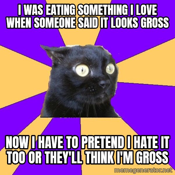 Anxiety Cat meme: I was eating something I love when someone said it looks gross / now I have to pretend I hate it too or they'll think i'm gross