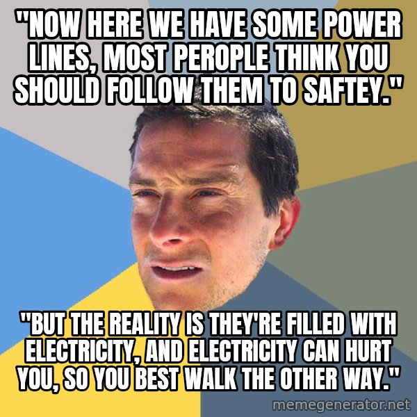 Bear Grylls meme: "now here we have some power lines, most perople think you should follow them to saftey." / "but the reality is they're filled with electricity, and electricity can hurt you, so you best walk the other way."