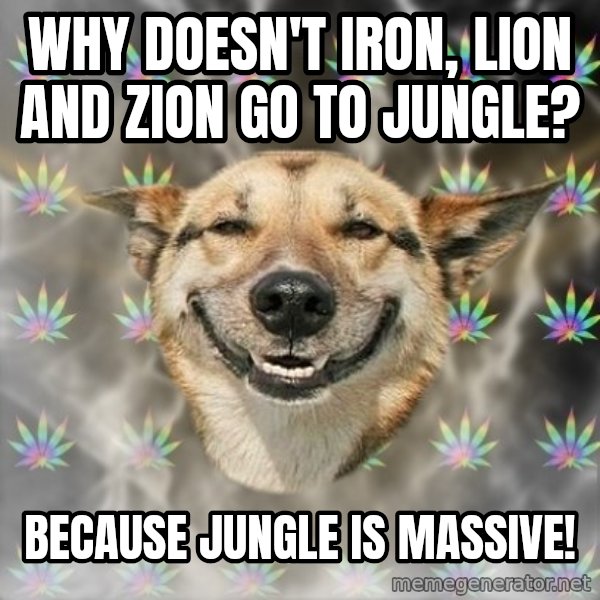 Stoner Dog meme: Why doesn't iron, lion and zion go to jungle? / because jungle is massive!