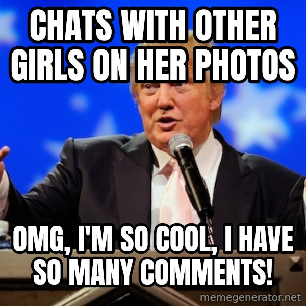 Annoying Facebook Girl meme: Chats with other girls on her photos / OMG, i'm so cool, i have so many comments!