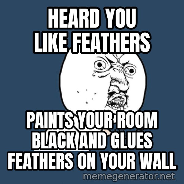 Ty Pennington meme: Heard you like feathers / paints your room black and glues feathers on your wall
