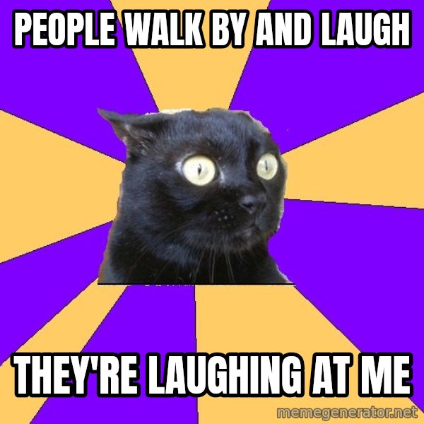 Anxiety Cat meme: people walk by and laugh / they're laughing at me