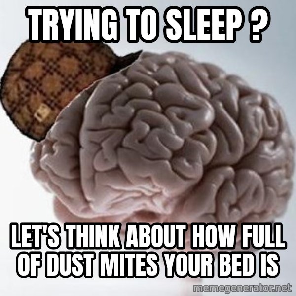 Scumbag Brain meme: Trying to sleep ? / Let's think about how full of dust mites your bed is