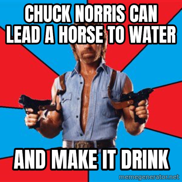 Chuck Norris  meme: Chuck norris can lead a horse to water / and make it drink