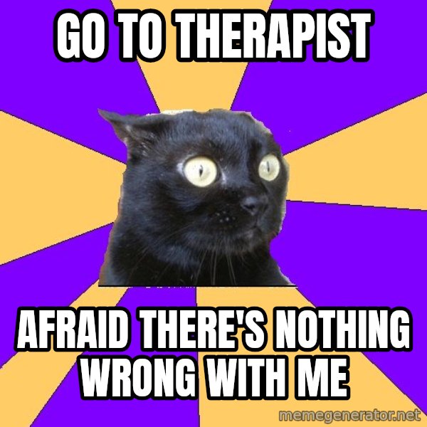 Anxiety Cat meme: Go to Therapist / Afraid there's nothing wrong with me