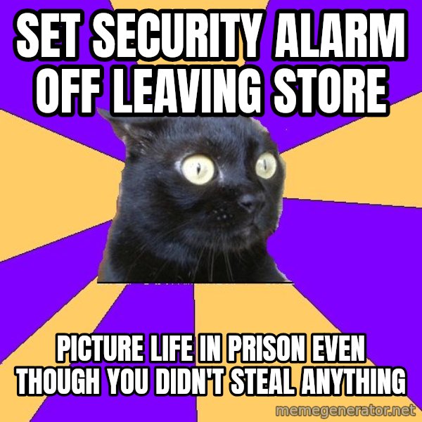 Anxiety Cat meme: Set security alarm Off leaving store / Picture life in prison even though you didn't steal anything