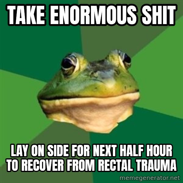 Foul Bachelor Frog meme: take enormous shit / lay on side for next half hour to recover from rectal trauma