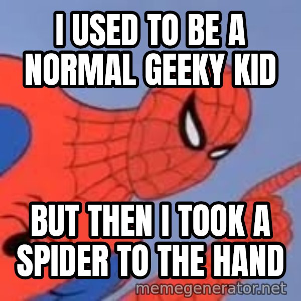 Spiderman meme: I used to be a normal geeky kid / but then i took a spider to the hand