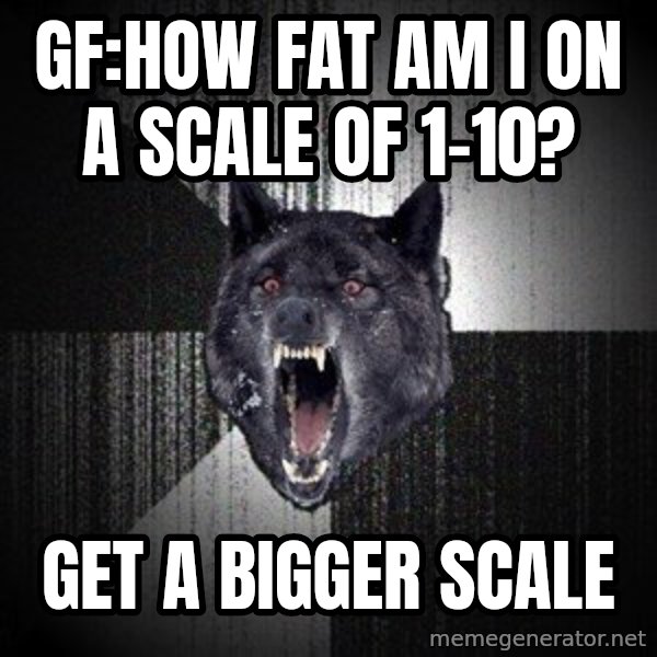 Insanity Wolf meme: gf:how fat am i on a scale of 1-10? / get a bigger scale