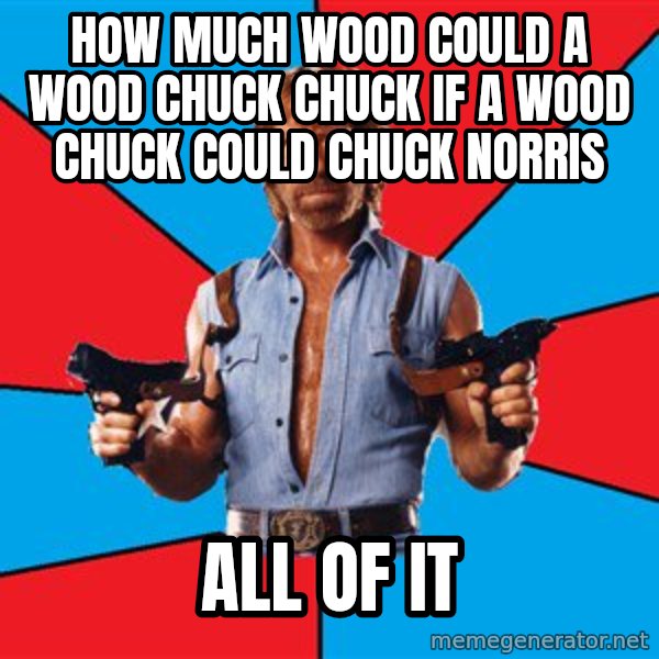 Chuck Norris  meme: HOw much wood could a wood chuck chuck if a wood chuck could chuck norris / all of it