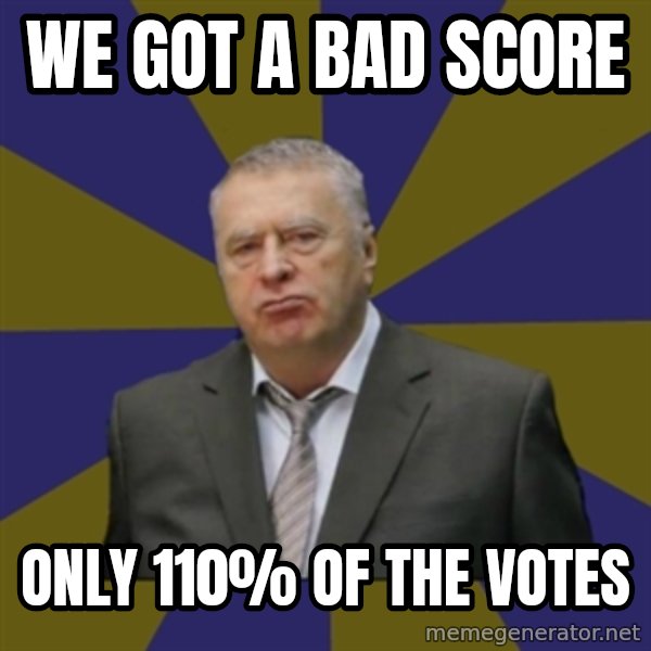 Vladimir Zhirinovsky meme: we got a bad score / only 110% of the votes