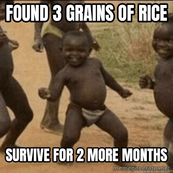 Third World Success meme: Found 3 grains of rice / survive for 2 more months