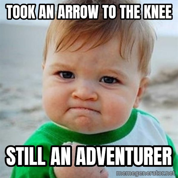 Victory Baby meme: took an arrow to the knee / still an adventurer