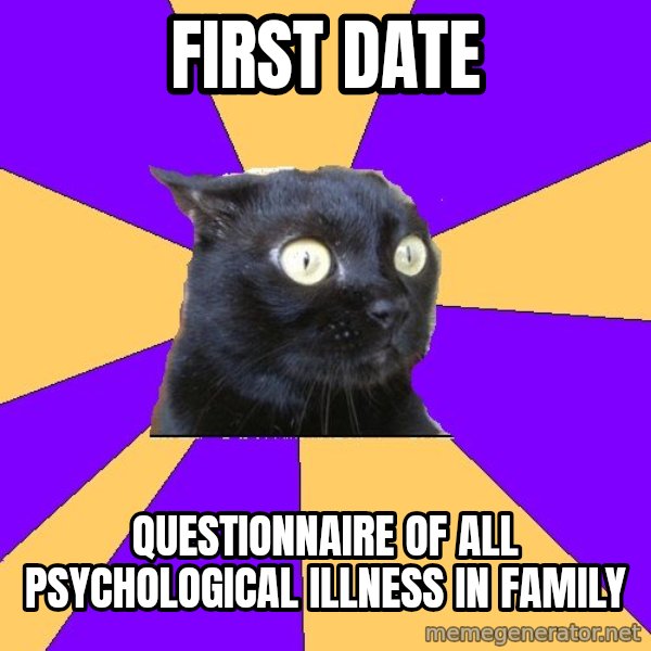 Anxiety Cat meme: first date / questionnaire of all psychological illness in family