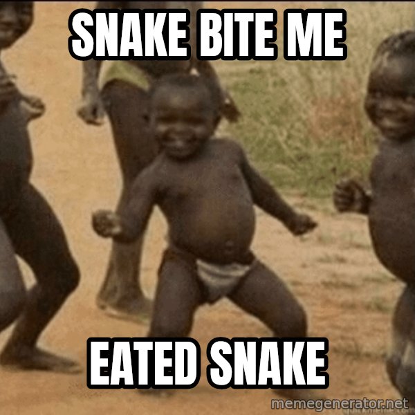 Third World Success meme: snake bite me / eated snake