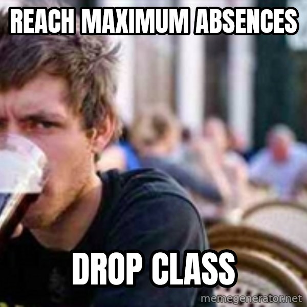 The Lazy College Senior meme: reach maximum absences / drop class