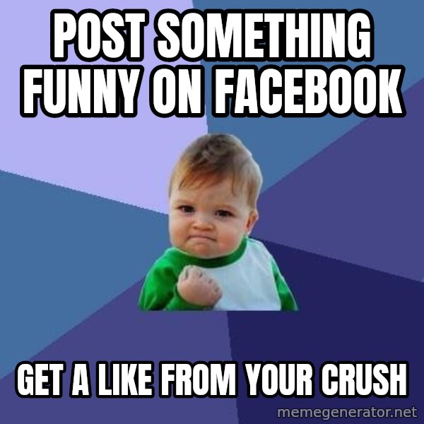 Success Kid meme: post something funny on facebook / get a like from your crush