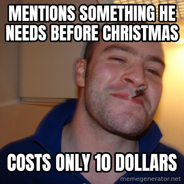 Good Guy Greg meme: mentions something he needs before christmas / costs only 10 dollars