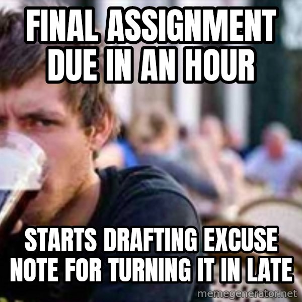 The Lazy College Senior meme: final assignment due in an hour / starts drafting excuse note for turning it in late
