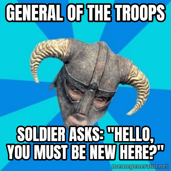 skyrim stan meme: General Of THe Troops / Soldier asks: "Hello, You must be new here?"