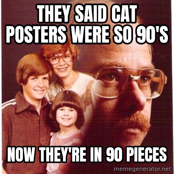 Vengeance Dad meme: they said cat posters were so 90's / now they're in 90 pieces