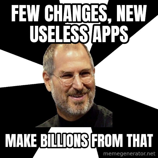 Steve Jobs Says meme: few changes, new useless apps / make billions from that