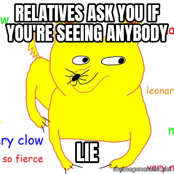 Forever Alone meme: relatives ask you if you're seeing anybody / lie