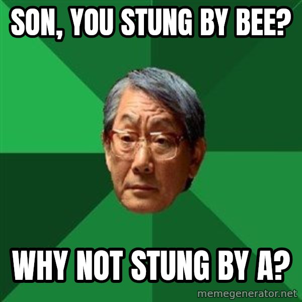 High Expectations Asian Father meme: Son, you stung by bee? / Why not stung by a?