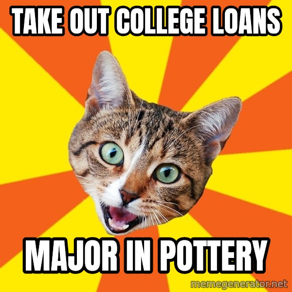 Bad Advice Cat meme: take out college loans / major in pottery