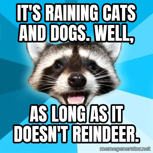 Lame Pun Coon meme: It's raining cats and dogs. Well, / AS LONG AS IT DOESN'T REINDEER.